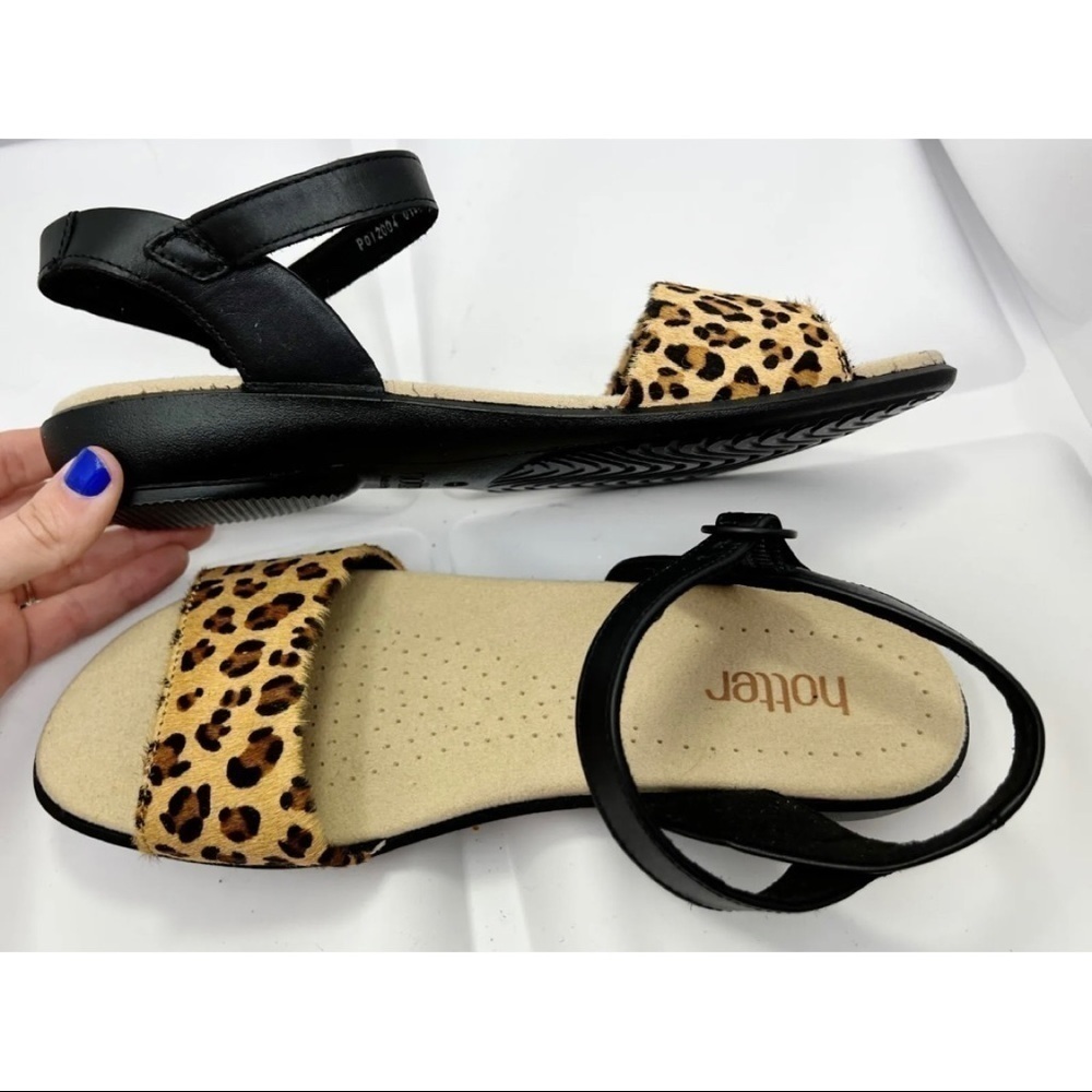 Hotter Sz 9.5 Womens Leopard Print Calf Hair Black Leather Sandal England